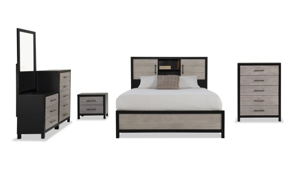 Fusion 5 Piece Twin Black & Gray Bookcase Panel Bedroom Set with Chesser, featuring transitional style, birch veneer, MDF, poplar solids, black frame, gray wood finish, bar handle hardware, French front, dovetail dust-proof drawers, and headboard storage.