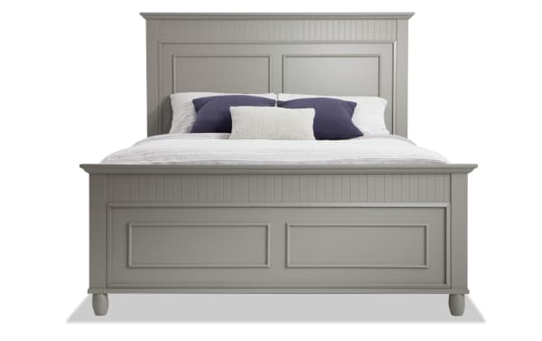 Queen gray panel bed from the Spencer 5 Piece Bedroom Set, transitional style with hardwood solids, MDF, and poplar veneers, featuring classic paneled headboard and footboard.