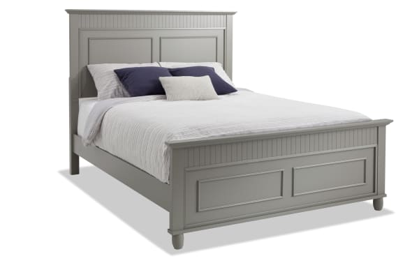 Queen gray panel bed from the Spencer 5 Piece Bedroom Set, featuring hardwood solids and veneers in a transitional style with paneled headboard and footboard.