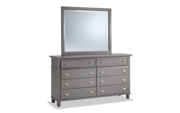 Spencer Gray 8 Drawer Dresser & Mirror in transitional style, featuring gray hardwood solids, MDF, plywood, and poplar with eight spacious drawers and a large framed mirror.