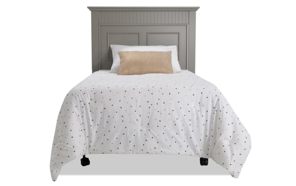 Spencer 4 Piece Twin Gray Panel Bedroom Set headboard in transitional style, made of hardwood solids, MDF, plywood, and veneers with a gray paneled design.