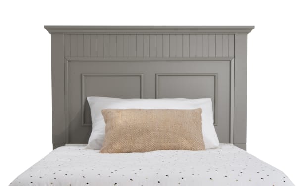 Spencer 4 Piece Twin Gray Panel Headboard in transitional style, made of hardwood solids, MDF, plywood, poplar, and veneers with decorative molding and vertical grooves.
