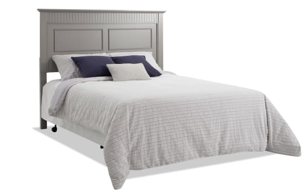 Transitional Spencer 4 Piece King Gray Panel Bedroom Set headboard in hardwood solids, MDF, and veneers with paneled design and gray finish.