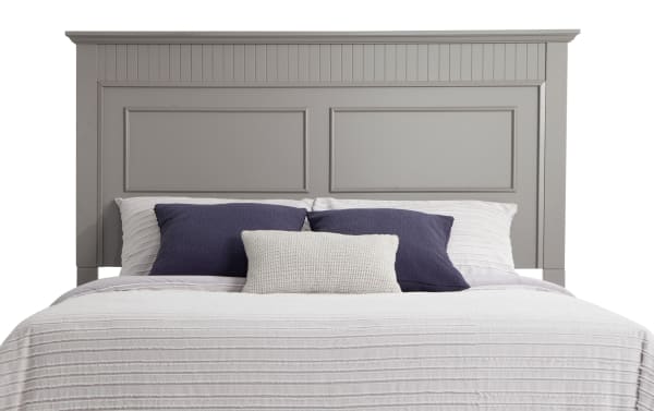 Gray Spencer 5 Piece Full Panel Headboard in transitional style, made of hardwood solids, MDF, plywood, and veneers, with raised panel design and beadboard trim.