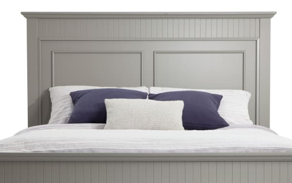 Queen-sized Spencer 4 Piece Gray Panel Bed from the transitional Spencer collection, made of hardwood solids, MDF, plywood, and veneers, featuring a paneled headboard with clean lines and neutral gray finish.