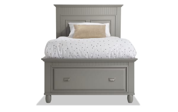 Spencer 4 Piece Twin Gray Storage Platform Bed in transitional style with hardwood solids and veneers, featuring built-in storage drawer and paneled headboard.