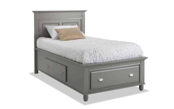 Spencer 4 Piece Twin Gray Storage Platform Bed in transitional style, made of hardwood solids, MDF, plywood, and veneers, with built-in storage drawers.