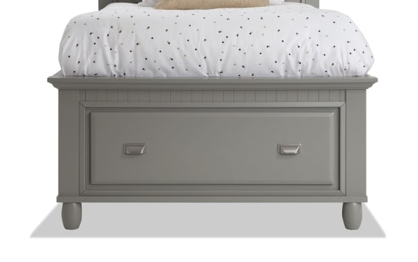 Gray Spencer 4 Piece Twin Storage Platform Bed with transitional style, hardwood solids, MDF, and poplar materials, featuring under-bed storage drawer.