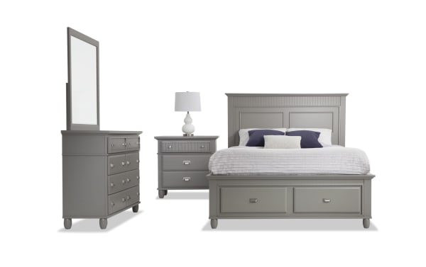 Spencer 4 Piece Queen Gray Storage Platform Bedroom Set in transitional style, featuring hardwood solids, MDF, and poplar. Includes storage bed with drawers, dresser with mirror, and nightstand, all in gray finish with silver hardware.