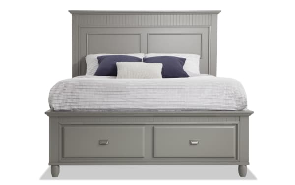 Queen gray storage platform bed from the Spencer collection, transitional style with hardwood solids, MDF, and multiple storage drawers.