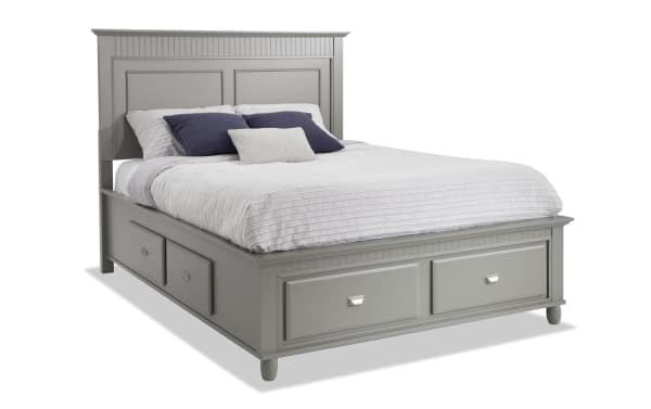 Spencer 4 Piece Queen Gray Storage Platform Bed in transitional style, made of hardwood solids, MDF, plywood, and veneers, with built-in storage drawers.