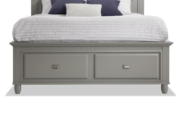 Spencer 4 Piece Queen Gray Storage Platform Bed in transitional style, made of hardwood solids, MDF, plywood, and veneers, with built-in under-bed storage drawers.