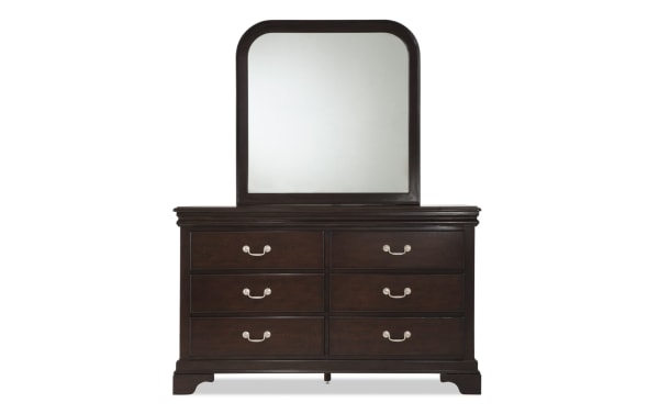 Middleton Cherry 6 Drawer Dresser & Mirror in classic cherry wood finish, transitional style with six silver-handled drawers and large framed mirror.