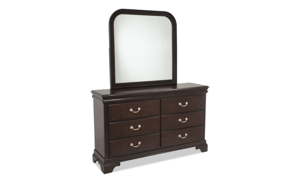 Middleton Cherry 6 Drawer Dresser & Mirror in transitional style with classic cherry wood finish, six metal-handled drawers, and large arched mirror.