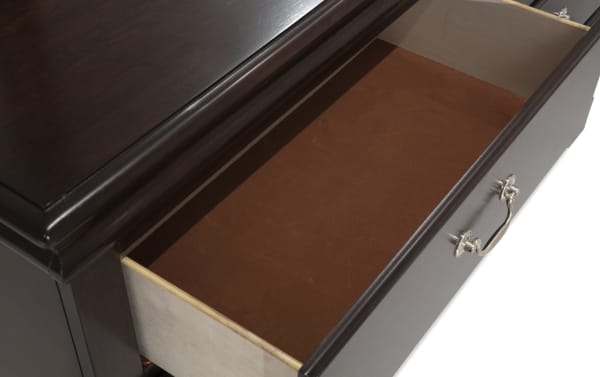 Open drawer of Middleton Cherry 6 Drawer Dresser showing smooth wood interior and rich cherry finish with silver metal handle, transitional style.