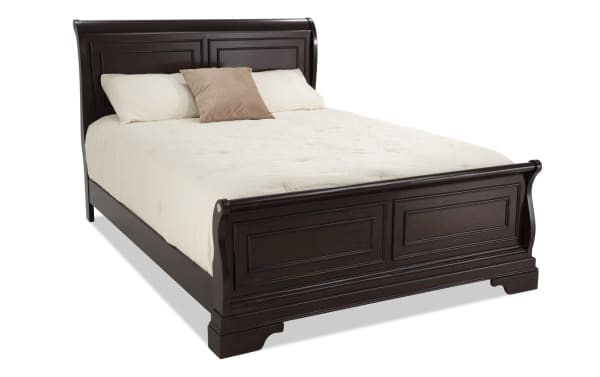 Middleton Queen Cherry Sleigh Bed from Middleton Bedroom collection, transitional style wood bed with classic dark cherry finish and paneled sleigh headboard and footboard.