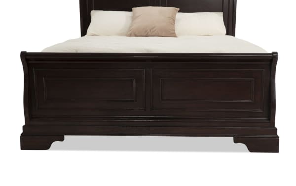 Middleton Queen Cherry Sleigh Bed with classic cherry wood finish, transitional style, curved sleigh footboard, and detailed panel design.