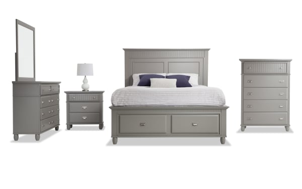 Spencer 5 Piece Queen Gray Storage Platform Bedroom Set in transitional style with hardwood solids, MDF, and poplar. Includes bed, dresser with mirror, chest, and nightstand with multiple storage drawers.
