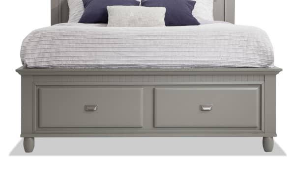 Gray Spencer 5 Piece Queen Storage Platform Bed with transitional style, featuring hardwood solids and veneers, and built-in under-bed storage drawers.