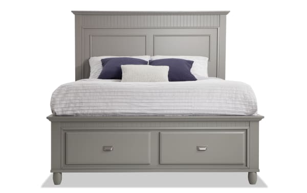 Spencer 5 Piece King Gray Storage Platform Bed in transitional style, made of hardwood solids, MDF, and veneers, with built-in storage drawers.