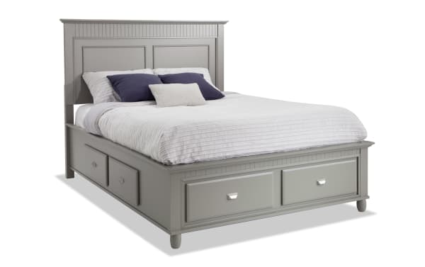 Spencer 5 Piece King Gray Storage Platform Bed in transitional style, made of hardwood solids and veneers, featuring built-in storage drawers.
