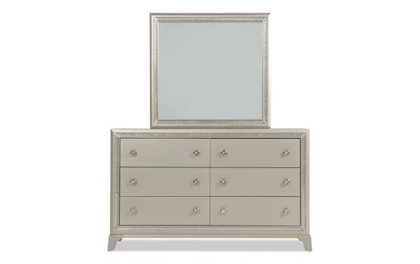 Celine Silver 6 Drawer Dresser & Mirror in glam silver lacquer wood with crystal-lined frame and gem handles, from Celine Bedroom collection.