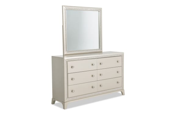 Celine Silver 6 Drawer Dresser & Mirror in glam silver lacquer wood with crystal-lined frame and gem handles, from Celine Bedroom collection.