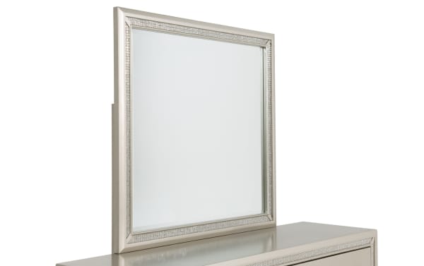 Celine Silver 6 Drawer Dresser with large framed mirror, wood construction, glam silver lacquer finish, and crystal-lined edges for elegant bedroom storage.