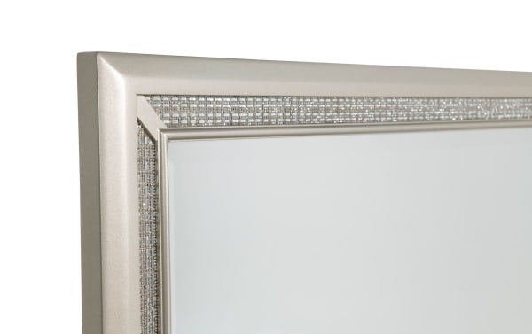 Silver lacquered wood dresser mirror corner from the Celine Bedroom collection, featuring glam crystal-lined frame and gem accents.
