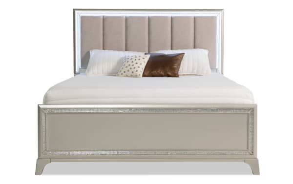 Celine Queen Silver Upholstered Panel Bed in glam style with lighted headboard, silver lacquer wood frame, gray polyester fabric, and crystal trim.
