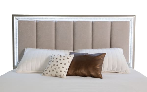 Celine Queen Silver Upholstered Panel Bed with lighted glam silver lacquer frame, gray polyester fabric headboard, and crystal trim from Celine Bedroom collection.