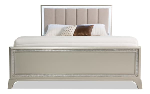 Celine Queen Silver Upholstered Panel Bed with light-up headboard, silver lacquer wood frame, gray polyester fabric, and crystal trim in glam style.