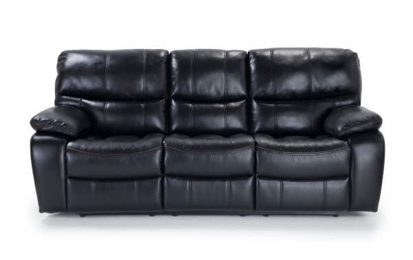 Avenger Black 89'' Power Reclining Sofa in black faux leather with Bob-O-Pedic memory foam cushions, USB ports, and drop-down middle seat with cup holders.