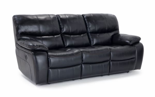 Avenger Black 89'' Power Reclining Sofa in black faux leather with memory foam cushions, USB ports, cup holders, and transitional style.
