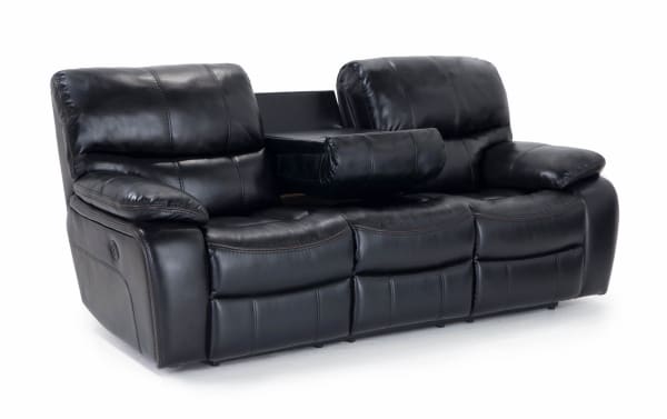 Avenger Black 89'' Power Reclining Sofa in faux leather with memory foam cushions, drop-down center console, cup holders, USB ports, transitional style.