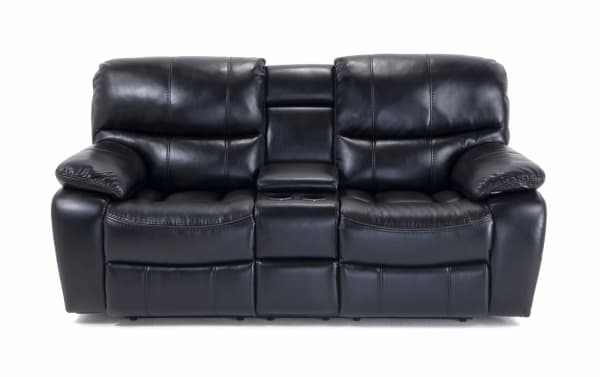 Avenger Black 78'' Power Reclining Console Loveseat in black faux leather with memory foam cushions, USB port, cup holders, and hidden storage.