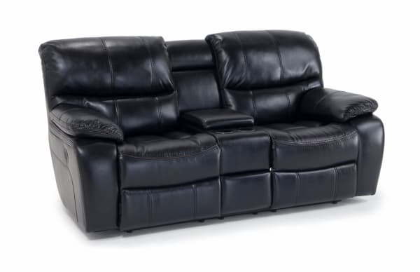 Avenger Black 78'' Power Reclining Console Loveseat in black faux leather with memory foam cushions, USB port, cup holders, and hidden storage.
