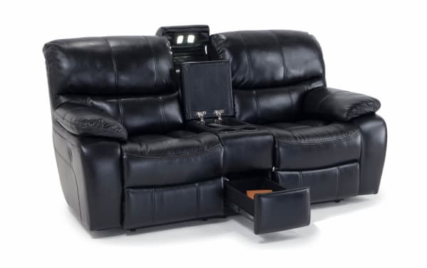 Avenger Black 78'' Power Reclining Console Loveseat in black faux leather with memory foam cushions, hidden storage drawer, reading light, cup holders, lift-top storage, and USB port, featuring a transitional style and durable polyester-polyurethane fabric.