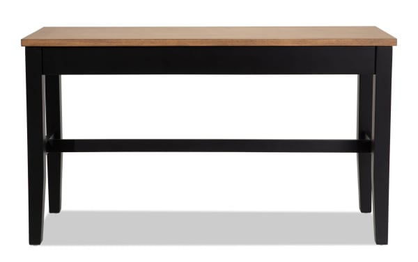 Blake Black & Natural counter height dining bench with cottage style, hardwood and rubberwood solids, natural wood top, black base, and hidden storage.