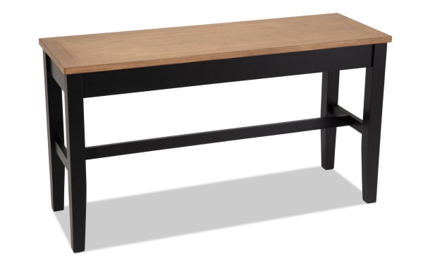 Blake Black & Natural Counter Height Storage Dining Bench in cottage style, featuring a natural hardwood top and black solid wood legs with hidden storage.