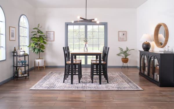 Blake Black & Natural Extendable Counter Height Square Dining Table with 18" leaf, cottage style, MDF and hardwood solids, black chairs, and natural wood top.