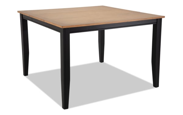 Blake Black & Natural Extendable Counter Height Square Dining Table with 18" leaf, cottage style, MDF and hardwood solids, black legs, natural wood top.