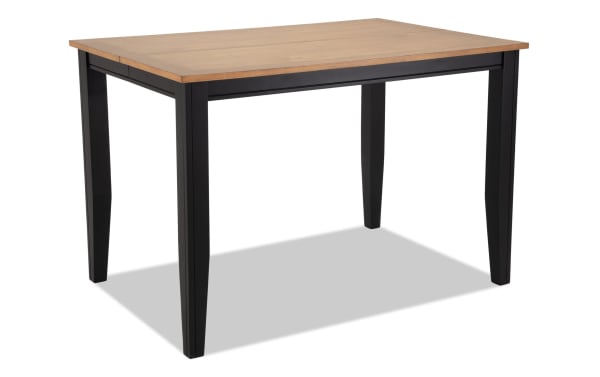 Blake Black & Natural Extendable Counter Height Square Dining Table with black tapered legs and natural wood MDF top, cottage style, includes 18" leaf for expansion.