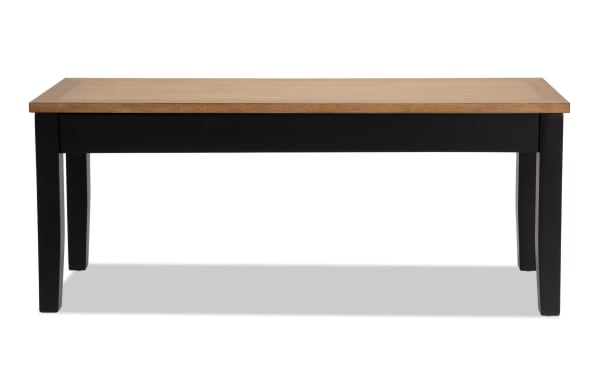 Blake Black & Natural Storage Dining Bench with hardwood and rubberwood solids, cottage style, black legs, natural wood top, and hidden storage.