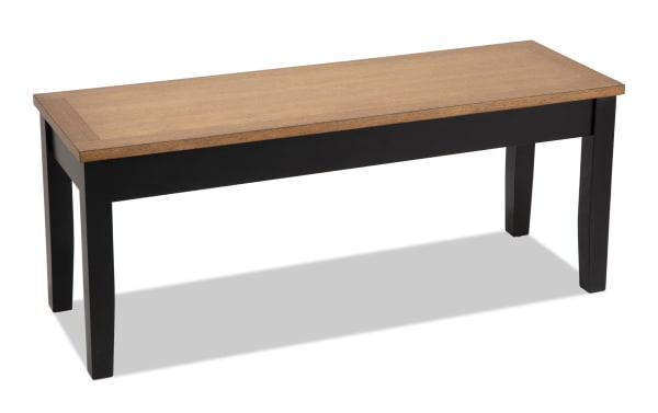 Blake Black & Natural Storage Dining Bench in cottage style with hardwood, MDF, and rubberwood solids. Features black legs, natural wood top, and hidden storage.