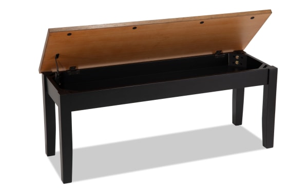 Blake Black & Natural Storage Dining Bench in cottage style with hardwood, MDF, and rubberwood solids. Features black frame, natural wood top with hidden storage.