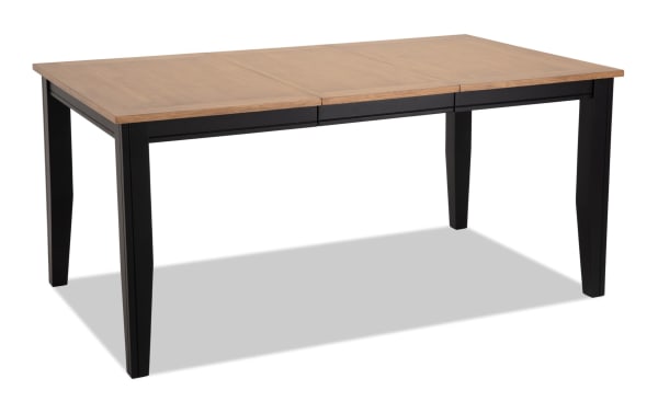 Blake Black & Natural Extendable Dining Table with black tapered legs and natural wood top, cottage style, made of MDF, hardwood, rubberwood, birch, and mango veneers.