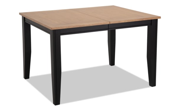 Blake Black & Natural Extendable Dining Table with black tapered legs, natural wood top, cottage style, MDF and hardwood solids, 48" to 66" length.
