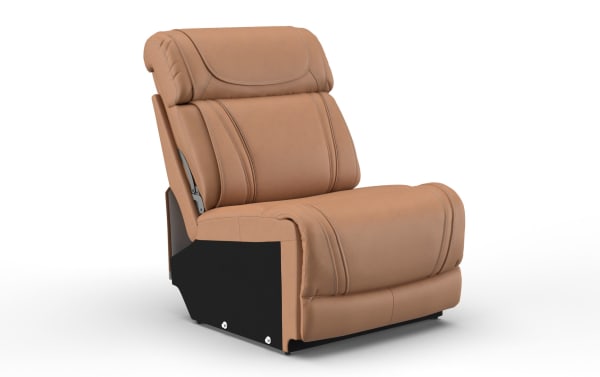 Tan leather recliner chair with plush cushioning, detailed stitching, and adjustable backrest, designed for comfort and style.
