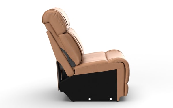 Luxurious tan leather recliner chair with cushioned headrest and armrest, featuring black base and ergonomic design for comfort.